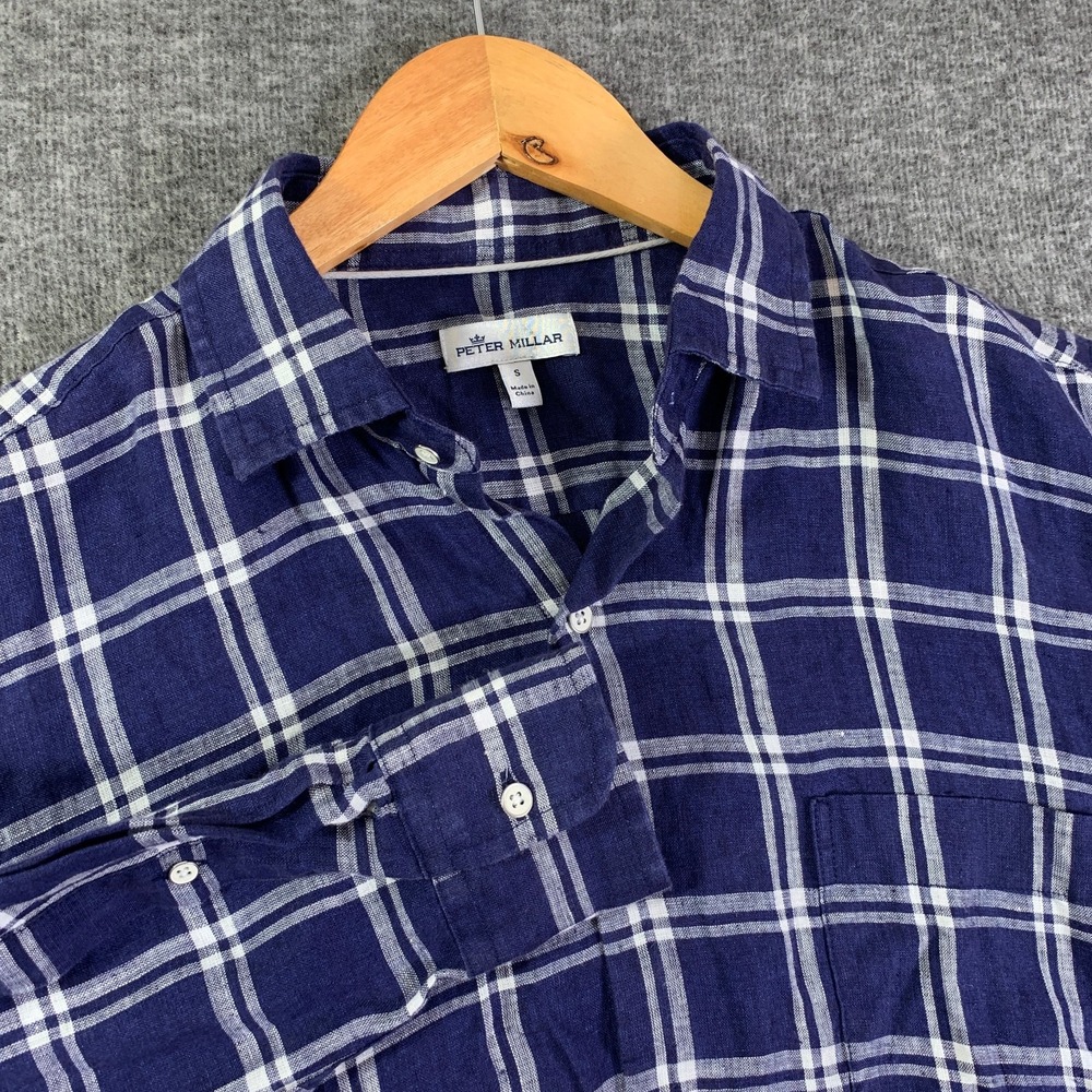 Peter Millar Linen Shirt Men Small Navy Blue Windowpane Casual Modern Button Up